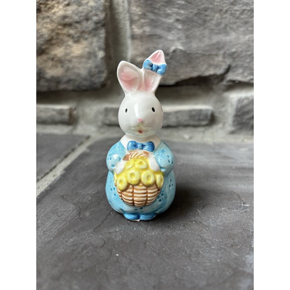 Vtg Collectible Porcelain Mini Rabbit Figurine Flower Basket Blue Prairie Bow